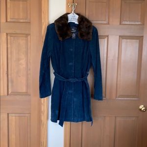 New teal Ladies LG leather JKT removable faux fur